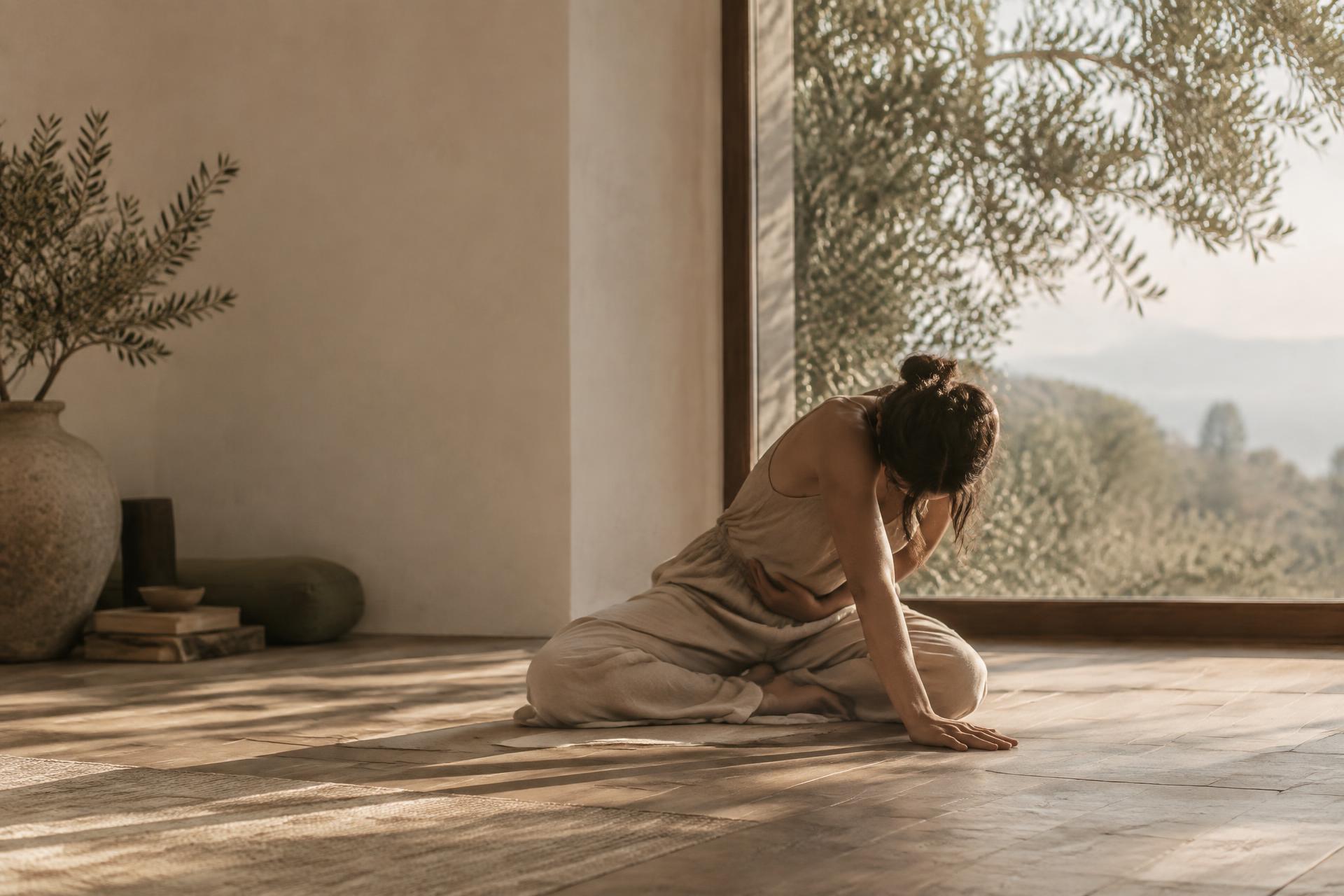 Mujer en práctica de yoga psicofísico, con una mano sobre el abdomen, en un estudio de luz natural